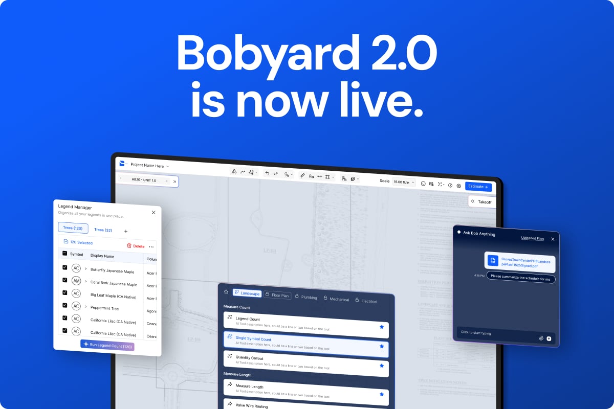 Bobyard 2.0 is live. Explore a material-centric takeoff experience, a consolidated AI workbench, and a platform built to move as fast as your fingers.
